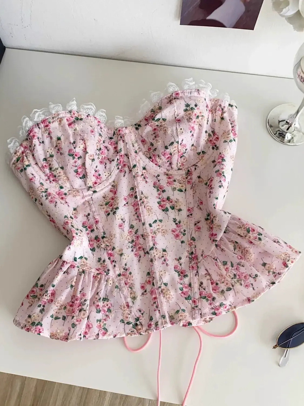 ZARA Floral Tube Top Lace Trim Boned Waist